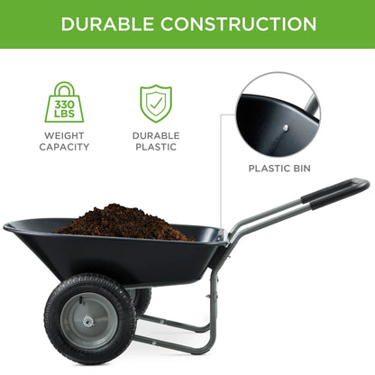 Best Choice Products Dual-Wheel Home Wheelbarrow Yard Garden Cart for Lawn, Construction - Green