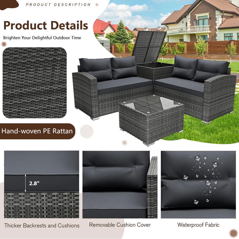 SEGMART 4 Piece Patio Furniture Set, All-Weather Outdoor Sectional Sofa Set, PE Rattan Conversation Set with Storage Box, Table & Cushions, Wicker Furniture Couch Set for Patio Deck Garden