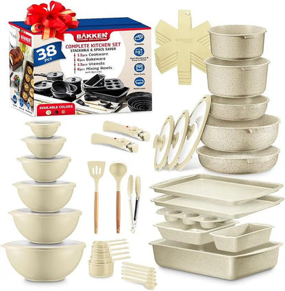 Bakken Master 38 Piece Granite Cookware and Bakeware Set �C Nonstick Granite Coating, Pots and Pans with Detachable Handles and Tempered Glass Lids, 6-piece Bakeware set, 12-piece Mixing Bowls,Brown