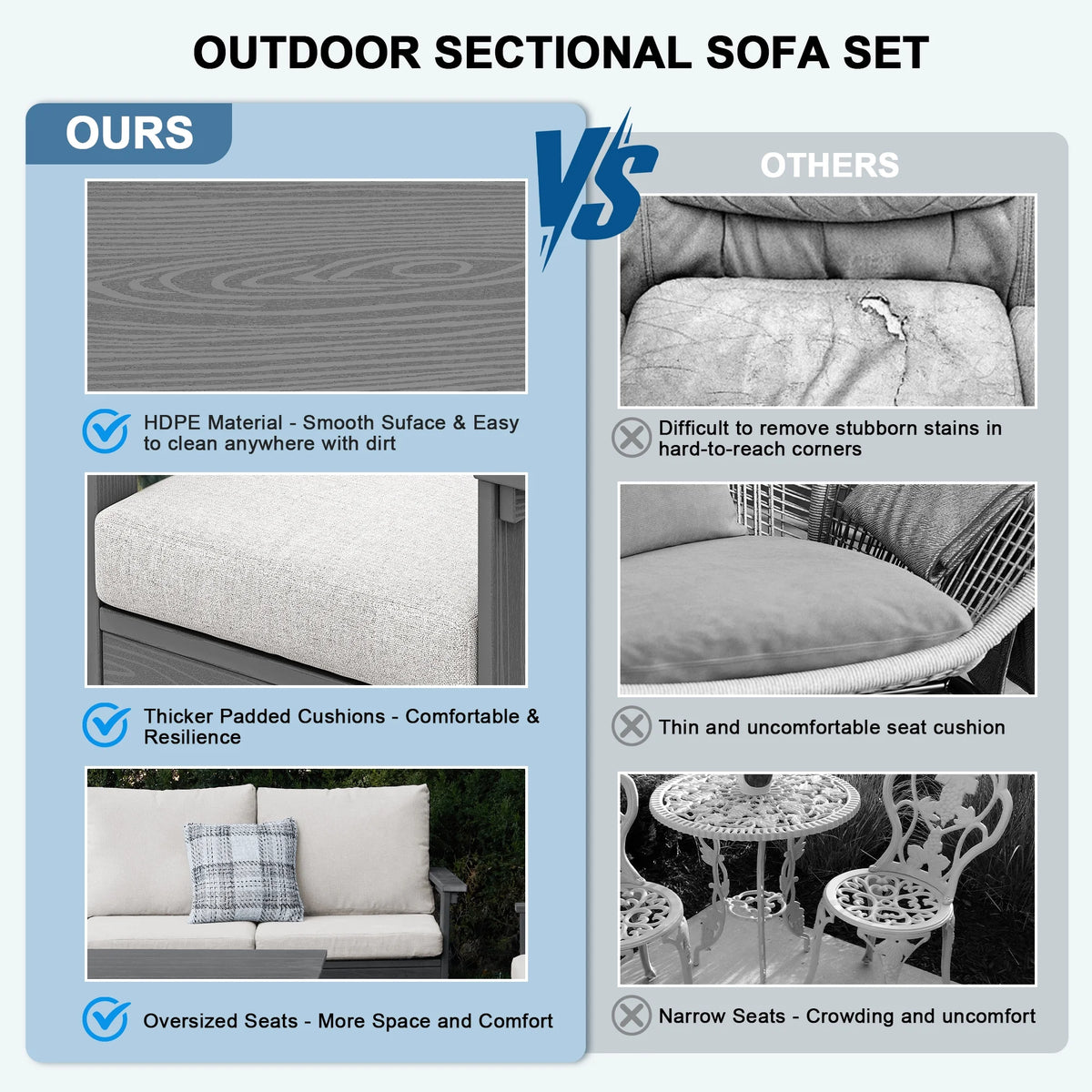 SERWALL Outdoor Patio Furniture Set, 7-Piece HDPE Outdoor Sofa Set Patio Conversation Set, Black Frame with Beige Cushions