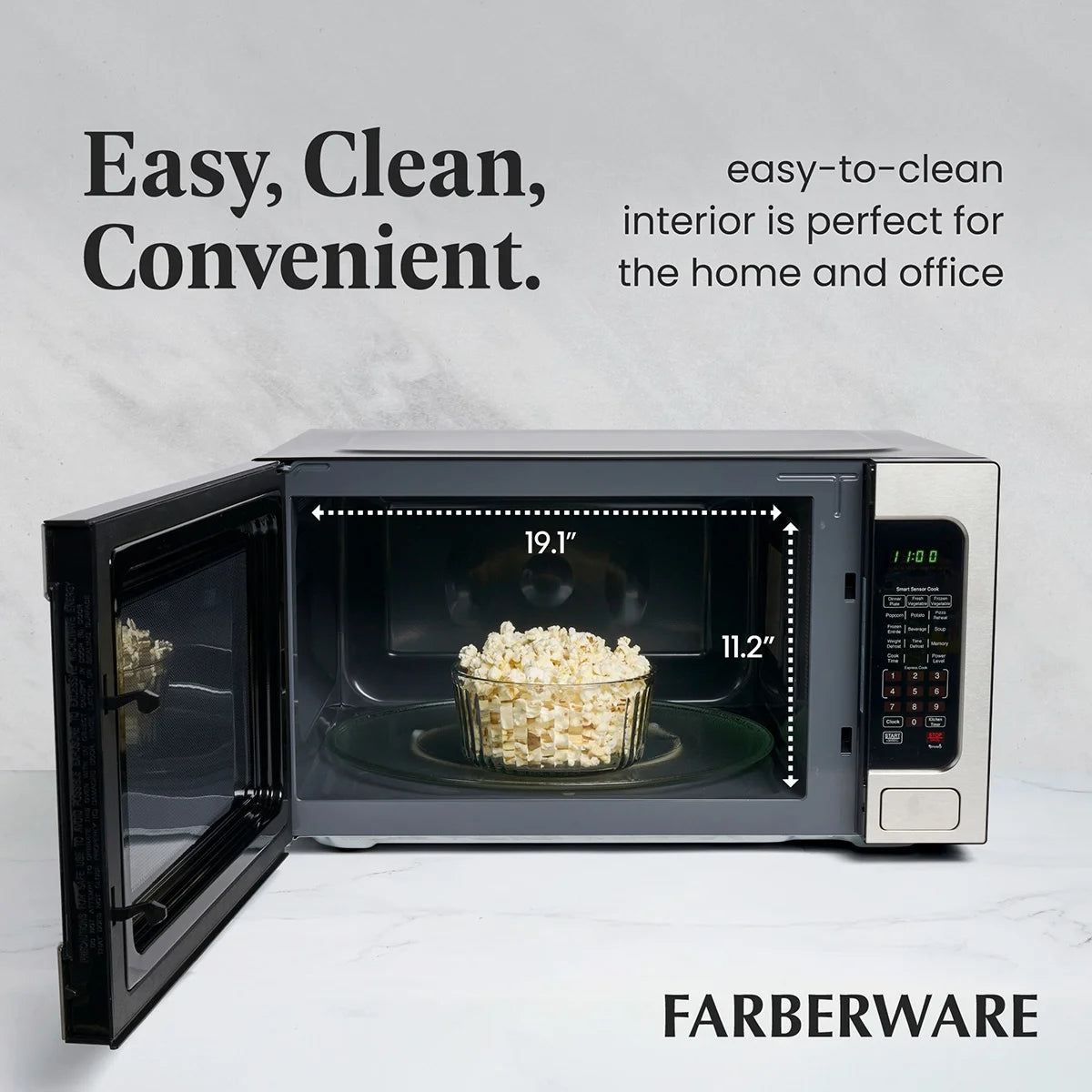 Farberware Countertop Microwave Ov 1100 Watts, 2.2 cu ft - Smart Sensor With LED Lighting and Child Lock - Perfect for Apartments and Dorms - Easy Clean Black Interior, Stainless Steel