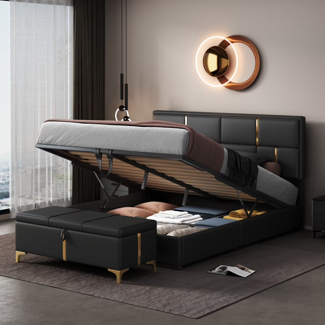 2-Pieces Bedroom Sets, Queen Size Upholstered Platform Bed with Hydraulic Storage System,Storage Ottoman with Metal Legs, 2 Piece Wood Bedroom Furniture Set, Beige