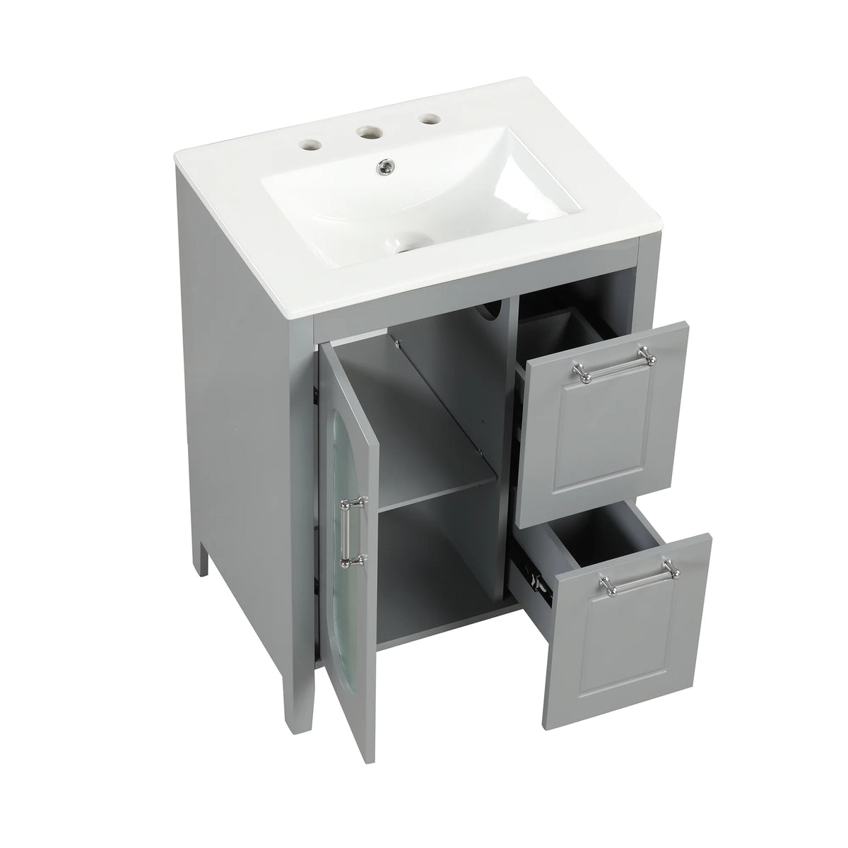 Soges 24" Bathroom Vanity with Ceramic Sink, Solid Wood Bathroom Makeup Cabinet with Door, Adjustable Shelf and 2 Drawer, Free Standing Single Basin Vanity Set for Small Bathroom, White