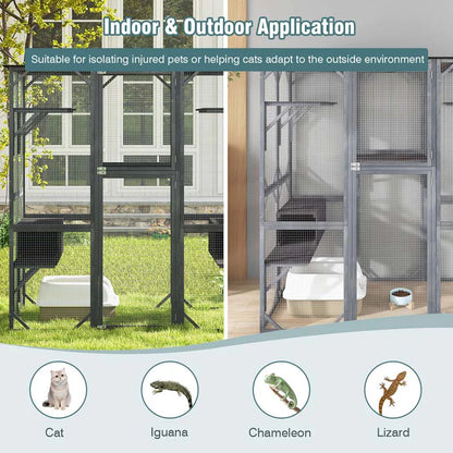 71" Tall Large Cat House Outdoor Catio Kitty Enclosure, Walk-in Cat Kennel Condo, Wooden Cat Cage Playpen with 7 Platforms