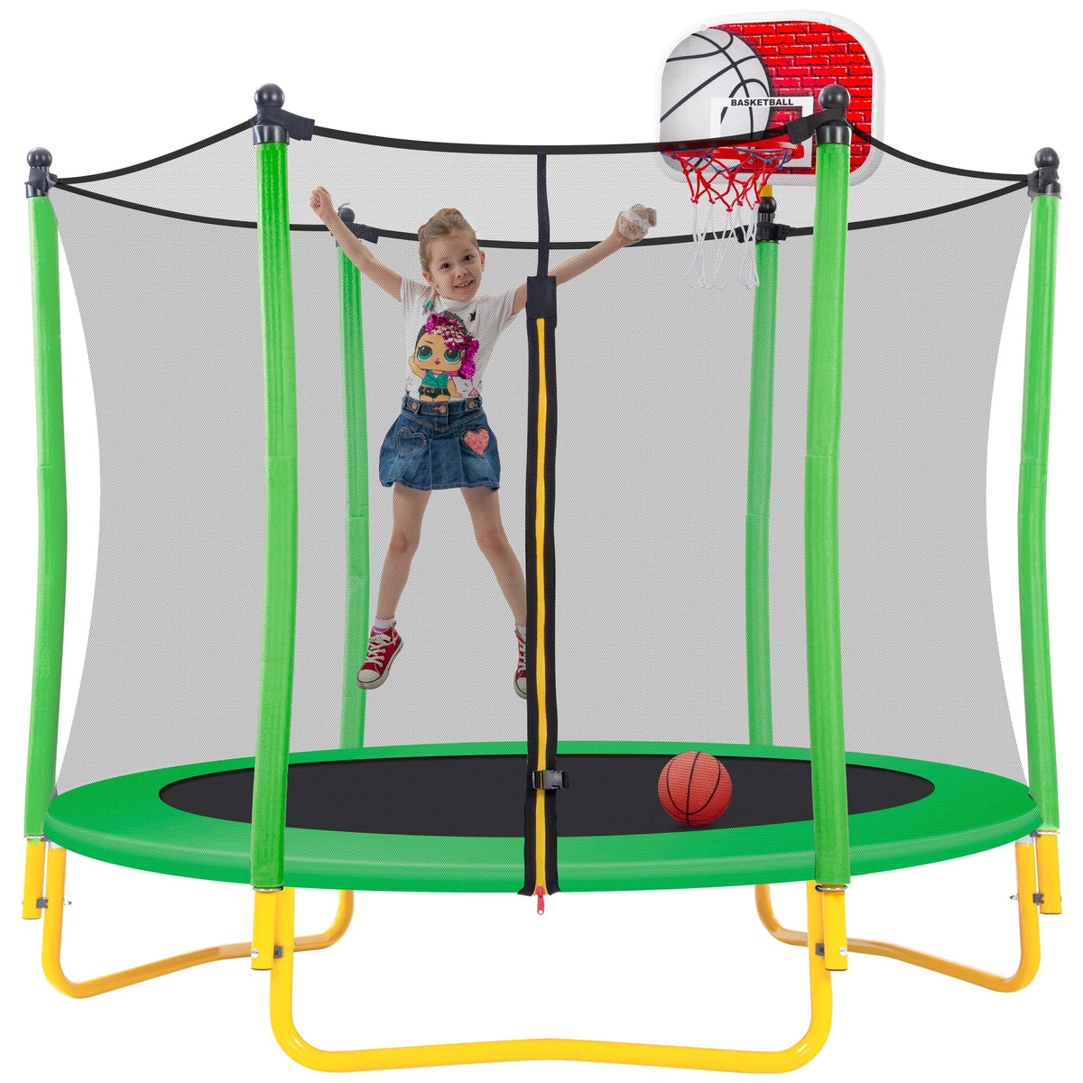 Leuco 66" Kids Trampoline with Basketball Frame, Rubber Ball and Enclosure Net, 5.5ft Mini Small Toddler Trampoline Toys for Indoor and Outdoor Use, Age for 1-8 years old
