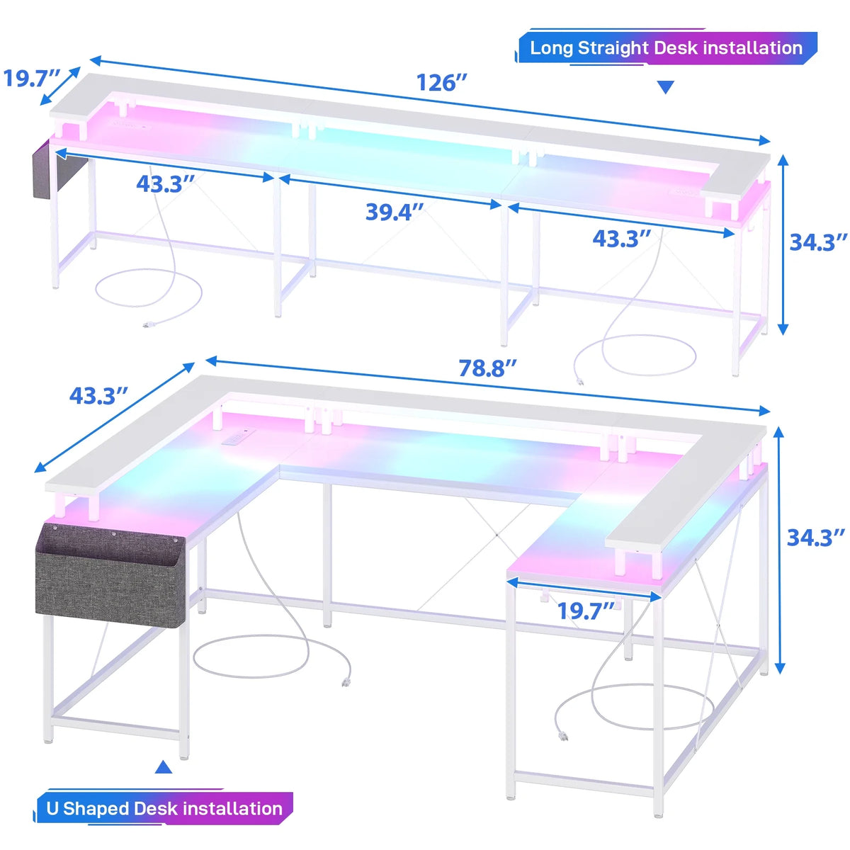 Yesfashion U Shaped Computer Gaming Desk, Reversible L Shaped Desk with Power Outlets, LED Strip & Monitor Stand, Large Corner Desk with Storage Shelves