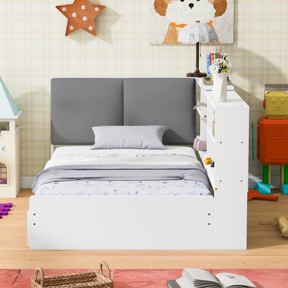 Euroco Wood Twin Size Platform Bed with Storage Headboard and Shelves, 2 Drawers Floor Bed for Kids, White