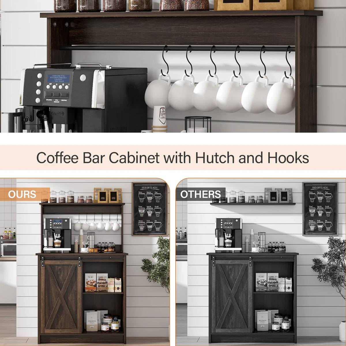 Catrimown Coffee Bar Cabinet, Barn Door Sideboard Buffet Cabinet with Storage, White