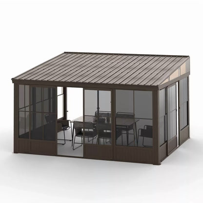 TOTAL Outdoor 10'x12' All-Season Sunroom Gazebo with Steel Roof, PVC Screen, Front & Side Door, Brown
