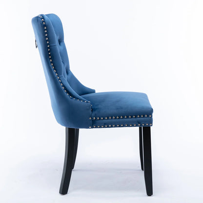 Elegant Button Tufted Dining Chairs, High-end Velvet Upholstered Dining Chairs with Nailhead Back and Ring Pull Trim, Solid Wood Dining Chairs for Kitchen Bedroom Dining Room (Blue,Set of 4)