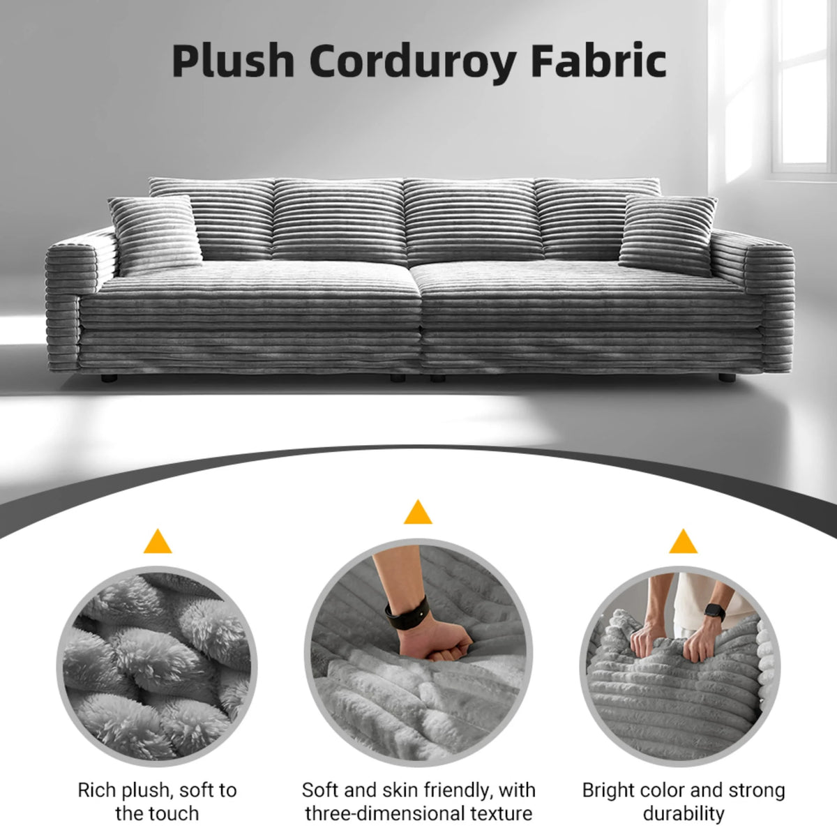 Alvantor 4-Seat Sofa 102" W Corduroy Upholstered Deep Seat Couches Convertible Chaise for Living Room, Apartment Grey