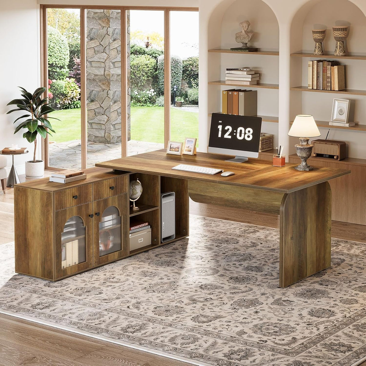 Tribesigns L Shaped Desk, 71-Inch Executive Office Desk with File Cabinet, Farmhouse Large Computer Desk with Drawers, Rustic Brown
