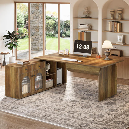 Tribesigns L Shaped Desk, 71-Inch Executive Office Desk with File Cabinet, Farmhouse Large Computer Desk with Drawers, Rustic Brown