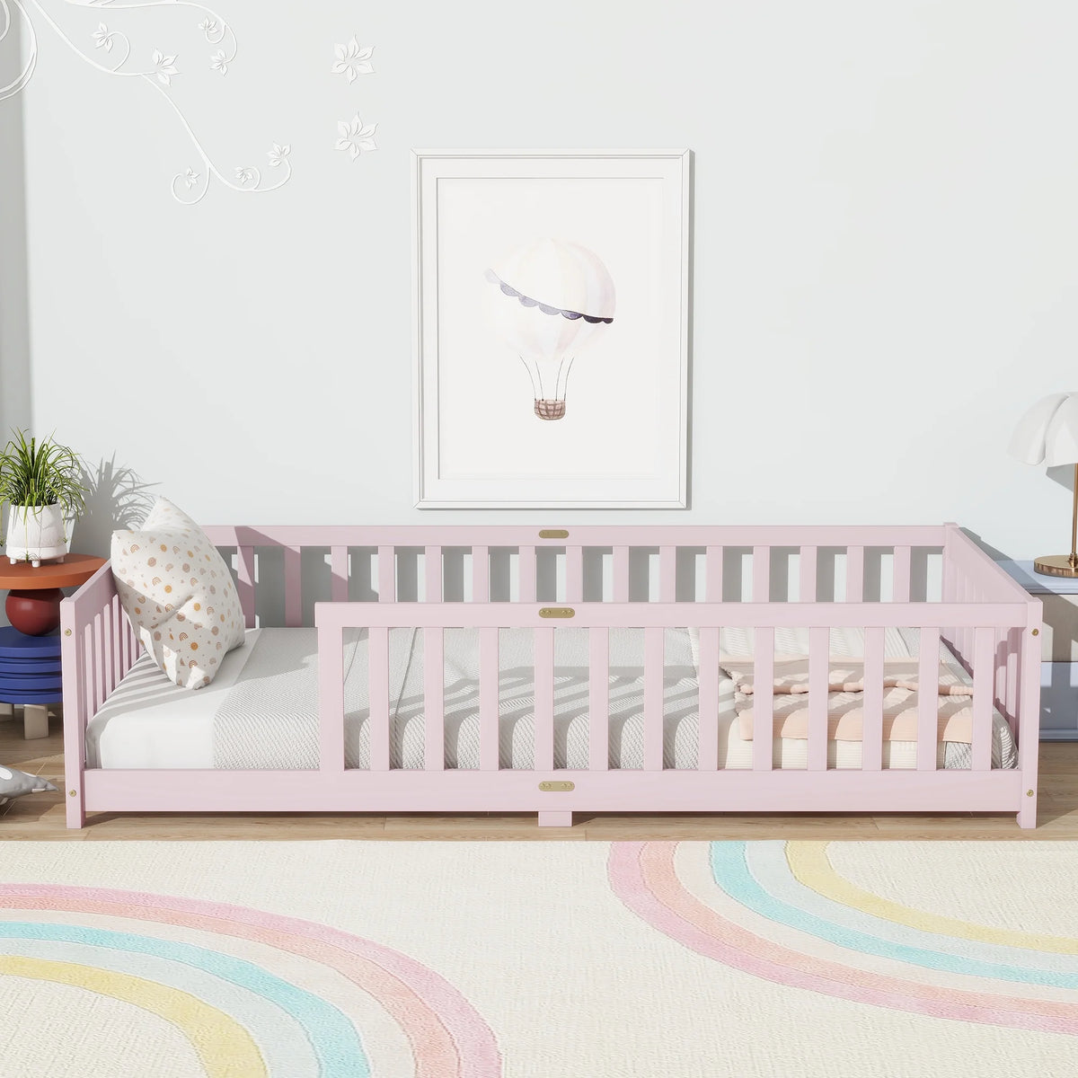 Miniyam Wooden Twin Size Floor Bed with Safety Fence for Kids, Natural