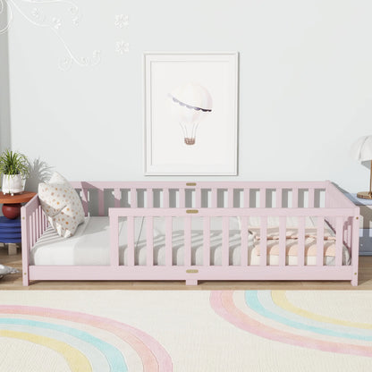 Miniyam Wooden Twin Size Floor Bed with Safety Fence for Kids, Natural