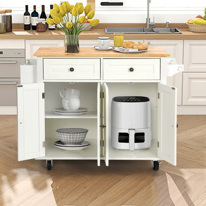 RichYa Kitchen Island with Storage, Rolling Kitchen Cart with Lockable Wheels, Rubber Wood Tabletop Kitchen Island Table for Kitchen, Living Room, White