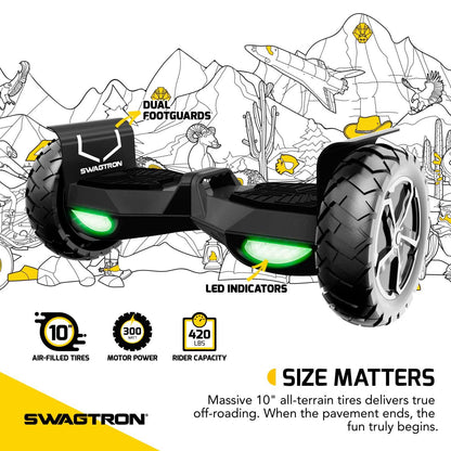Swagtron Off-Road T6 Hoverboard. 420 lb Weight Limit. Black. Bluetooth Speaker. 10 Inch Wheel 12 Mph UL-Compliant