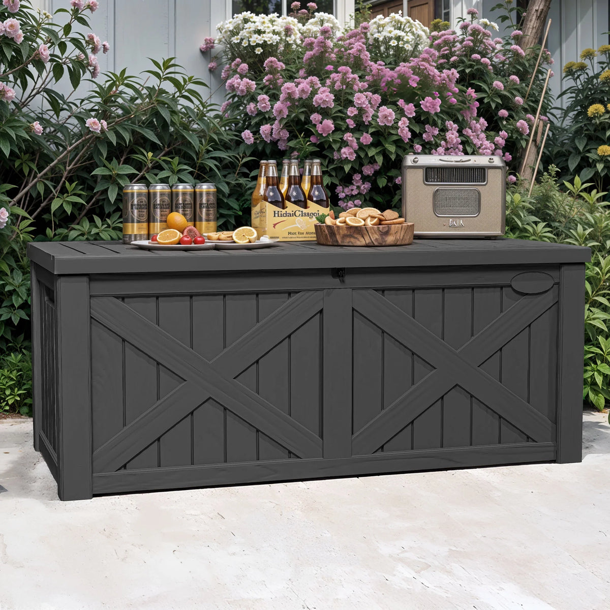 Uforic Outdoor 120 Gallon Large Resin Deck Box, Outdoor Storage Boxes with X-Shaped Front, for Patio Garden, Waterproof & Lockable, Light Brown