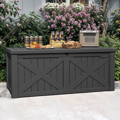 Uforic Outdoor 120 Gallon Large Resin Deck Box, Outdoor Storage Boxes with X-Shaped Front, for Patio Garden, Waterproof & Lockable, Light Brown