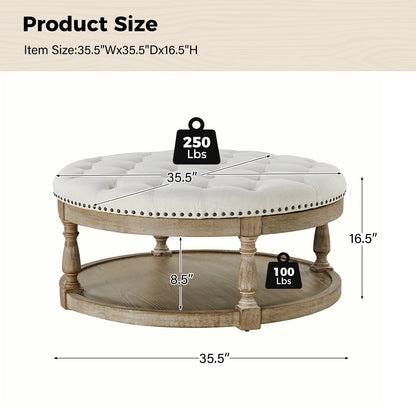 36'' Wide Blue Round Large Ottoman Tufted Coffee Table with Storage Wood Legs Home Living Room