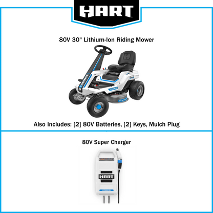 HART 80-Volt 30-inch Deck Lithium-Ion Riding Lawn Mower Kit, (1) Super Charger