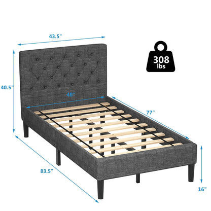 Costway Twin Upholstered Bed Frame Diamond Stitched Headboard Wood Slat Support