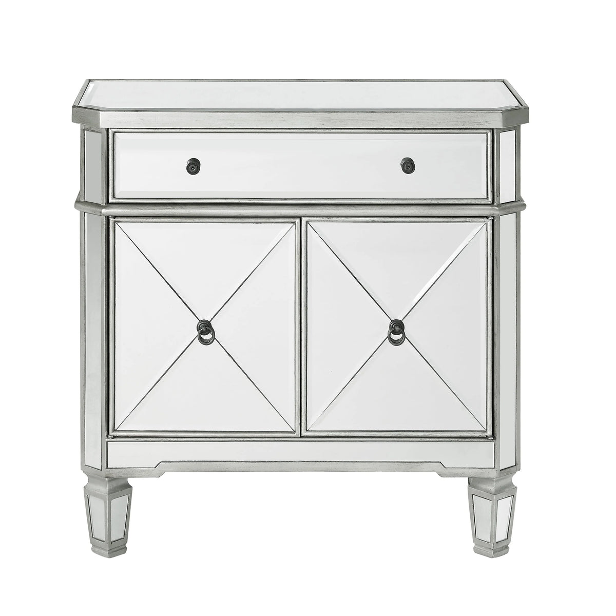 Powell Deville 2-Door Single Drawer Indoor Console Table with Shelves, Mirrored Surfaces and Luxe Silver Wood