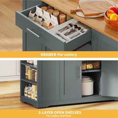 DWVO Kitchen Storage Cart with Trash Can Storage Cabinet, Rolling Kitchen Island with Wheels and Drawers for 13-Gallon Trash Bin, Gray