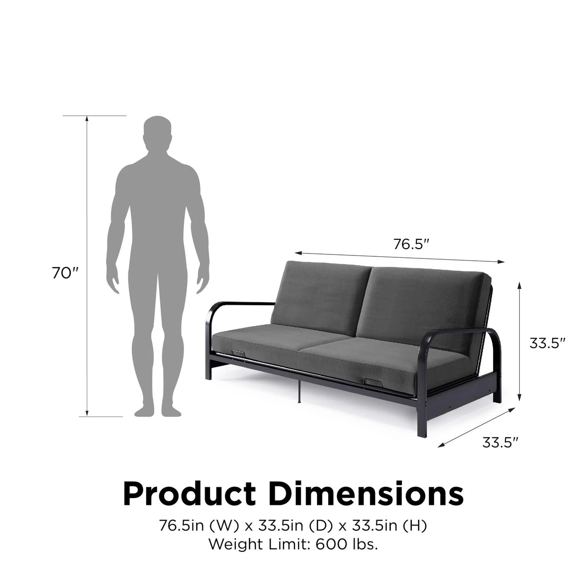 DHP College Metal Arm Futon, Black Frame with Gray Mattress