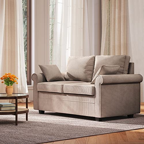 Koorlian Loveseat Sleeper Sofa Bed, Corduroy Pull Out Mattress Couch, 2 in 1 Sleeper Sofa with Memory Foam, 2 Seater Sofa for Living Room, Brown