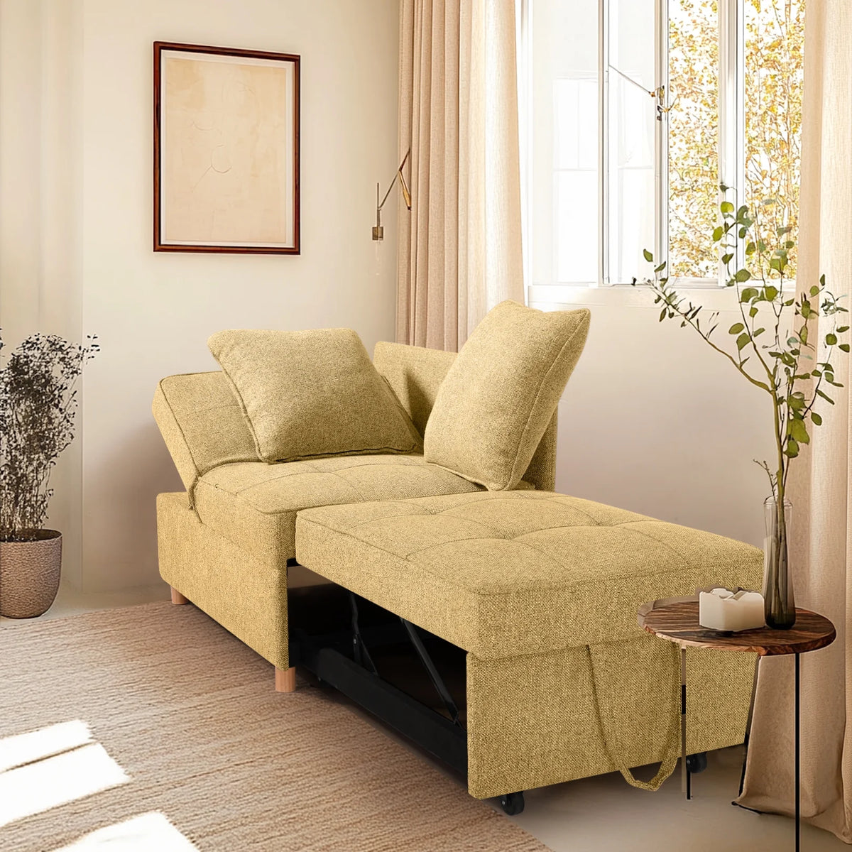 SEJOV 4-in-1 Convertible Sleeper Chair Bed, Linen Sofa Bed for Small Space, Futon Sofa with 2 Throw Pillows for Living Room, Single Recliner with 5 Adjustable Backrest for Bedroom Apartment, Brown