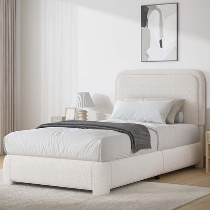 4 EVER WINNER Twin Size Bed Frame, Modern Bed Frame with Headboard, Boucle Fabric Upholstered Bed Frame, Soft Curved Headboard, Cream