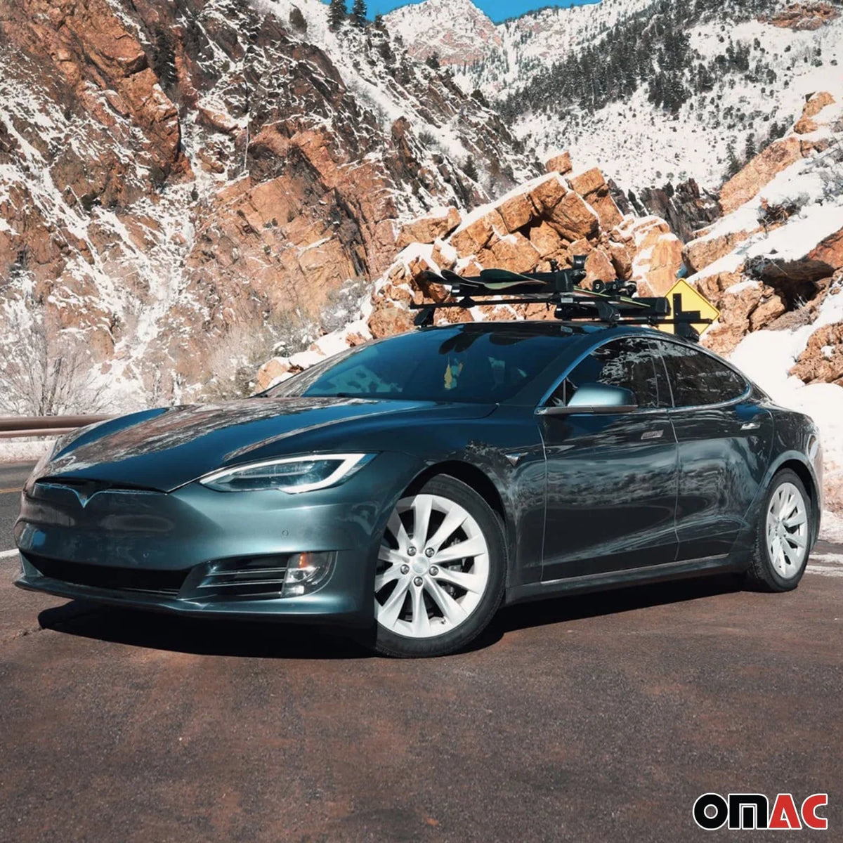 OMAC Fix Point Roof Racks Cross Bars for Tesla Model S 2012-2017 Black 2 Pcs Anti-Theft for Travel Kayak Canoe Surf Ski Snowboard Camping
