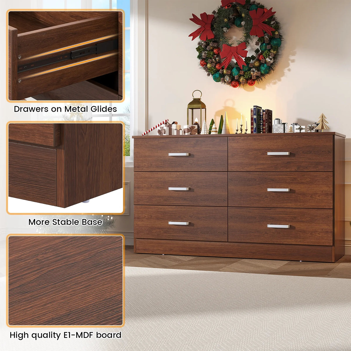 Winkalon 6 Drawer White Double Dresser, Wood Storage Cabinet with Easy Pull Out Handles for Living Room,Chest of Drawers for Bedroom