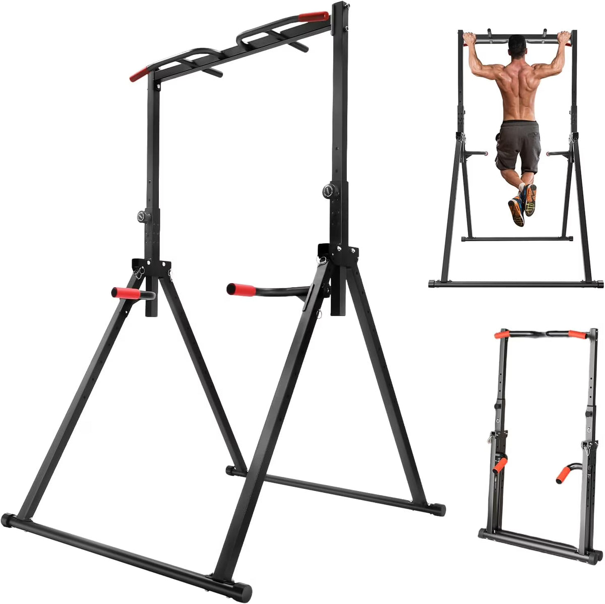 Power Tower Pull Up Bar Station Foldable Pull Up Rack Dip Station 5.74-7.55ft Height Adjustable Home Strength Training Fitness Workout Equipment, Up to 440lbs (With double bars)