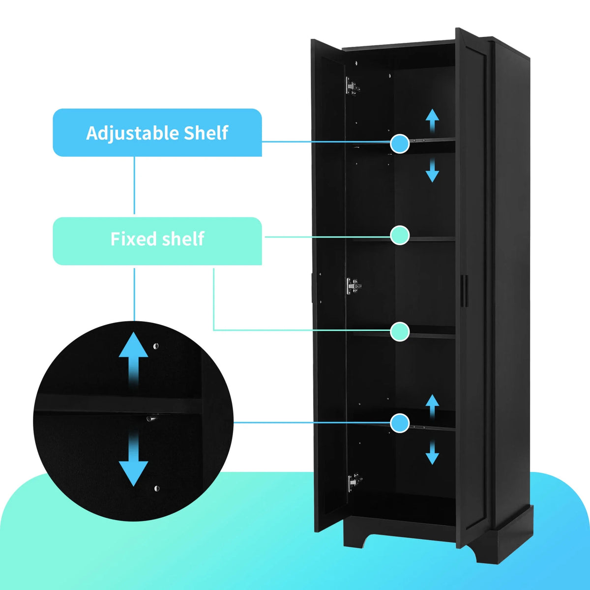 22'' Double Door Storage Cabinet with Adjustable Shelves, High Quality Bathroom Cabinet with  MDF Material, for Living room, Bathroom, Black