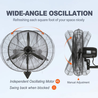 VEVOR Wall-Mount Misting Fan Oscillating Metal Fan 24.3'' 3 Speed Waterproof