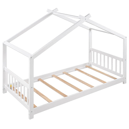 Euroco Wood House-Shaped Twin Platform Bed for Kids, Low Profile House Bed, No Box Spring Needed, Wood Color