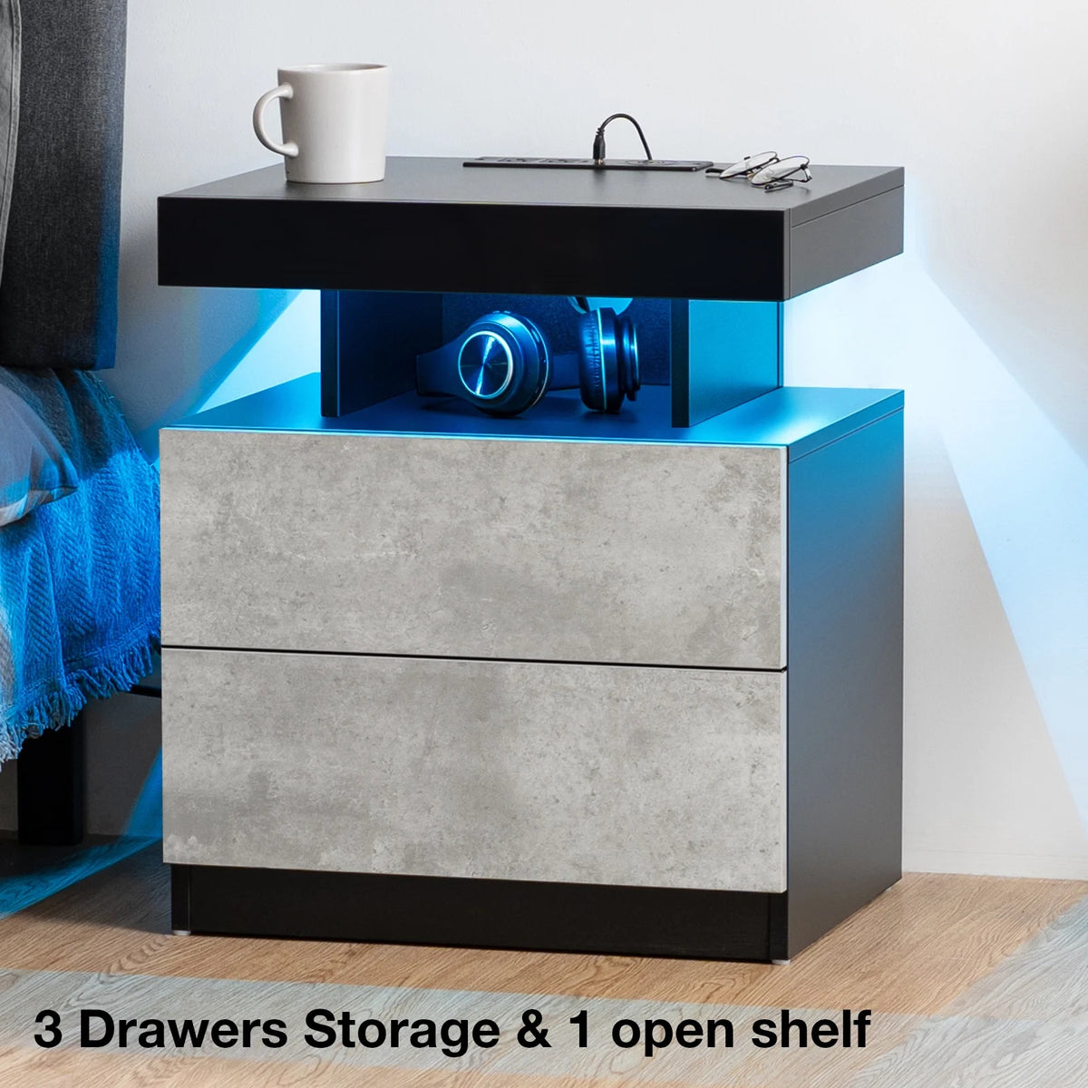 Hommpa LED Nightstand with Wireless Charging Station Modern Nightstand Type C USB Port 2 Drawers Bedside Table Black Smart Night Table High Gloss End Side Table for Bedroom Furniture 22.3" Tall