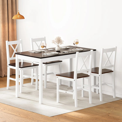 Soges 5 Pieces Dining Table Set, Pine Wood Kitchen Dining Table with 4 Chairs, Wood Rectangular kitchen table and chairs for 4, Small Dining Set for Bar Dining Room Breakfast Nook, White and Gray