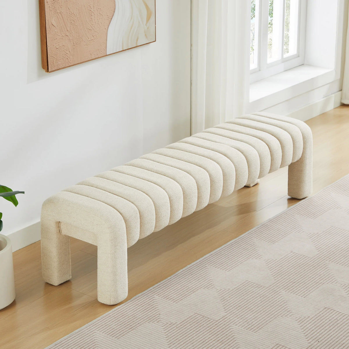 Zesthouse 63�� End of Bed Bench, Linen Tufted Upholstered Ottoman Bench with Padded Seat and Solid Wood Leg, Modern Entryway Bench for Bedroom, Living Room, Beige
