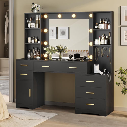 Makeup Vanity Desk with Lighted Mirror & Charging Stations & 6 Drawers Large Vanity Table Bedroom Dressing Table with Glass Tabletop&Side Cabinet&Glass Tabletop, Black
