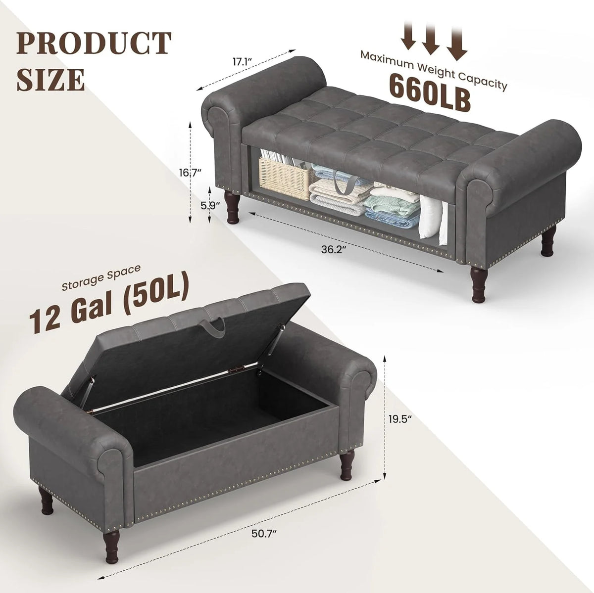 Gelloan Storage Ottoman Bench for Bedroom,Upholstered Bedroom Bench with Rolled Arms and Rivets, Storage Chest for Living Room,Grey,51 Inches