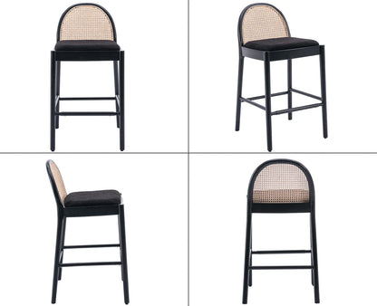Guyou Modern Bar Stools Set of 2, 26" Counter Height Bar Stools with Natural Rattan Back and Solid Wood Frame, Sherpa Upholstered Kitchen Island Chairs for Bar Island Cafe Kitchen, Black