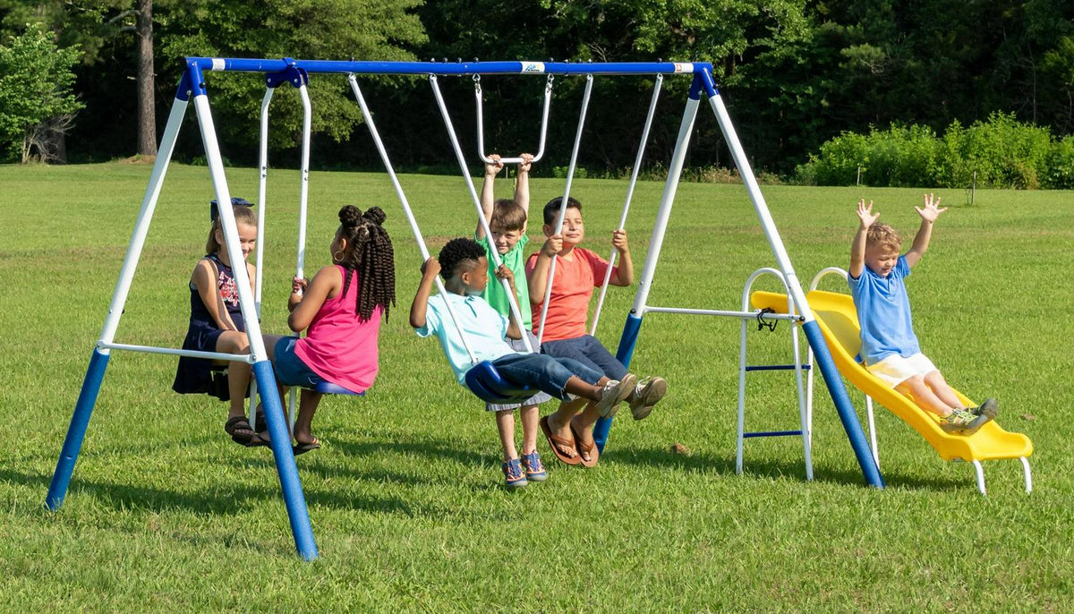 XDP Recreation Play All Day Metal Swing Set with Fun Glider. Bench Swing Seats. Trapeze. Wave Slide