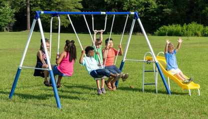 XDP Recreation Play All Day Metal Swing Set with Fun Glider. Bench Swing Seats. Trapeze. Wave Slide