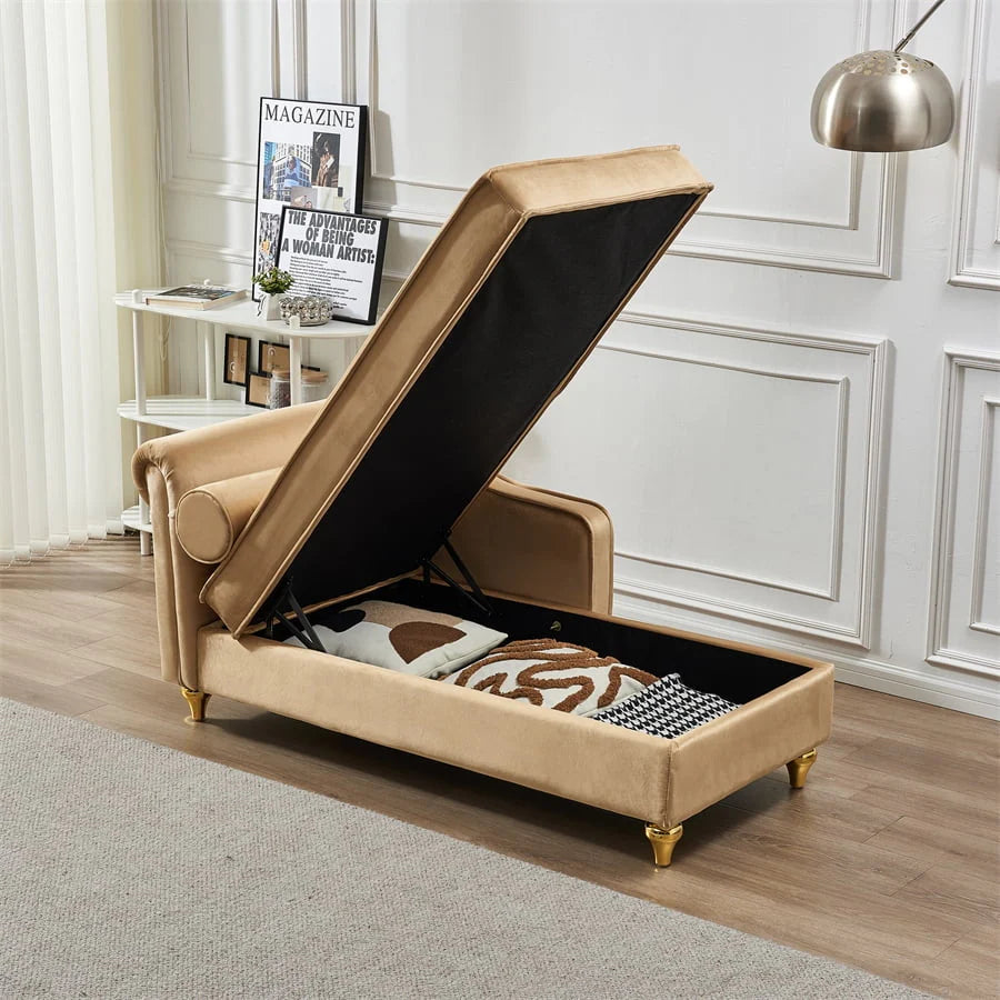 Functional Indoor Chaise Lounge with Large Storage, Modern Velvet Upholstered Sofa Recliner with One Backrest and Armrest, Sofa Lounge Chair with Sturdy Metal Legs Suitable for Living Room, Bedroom
