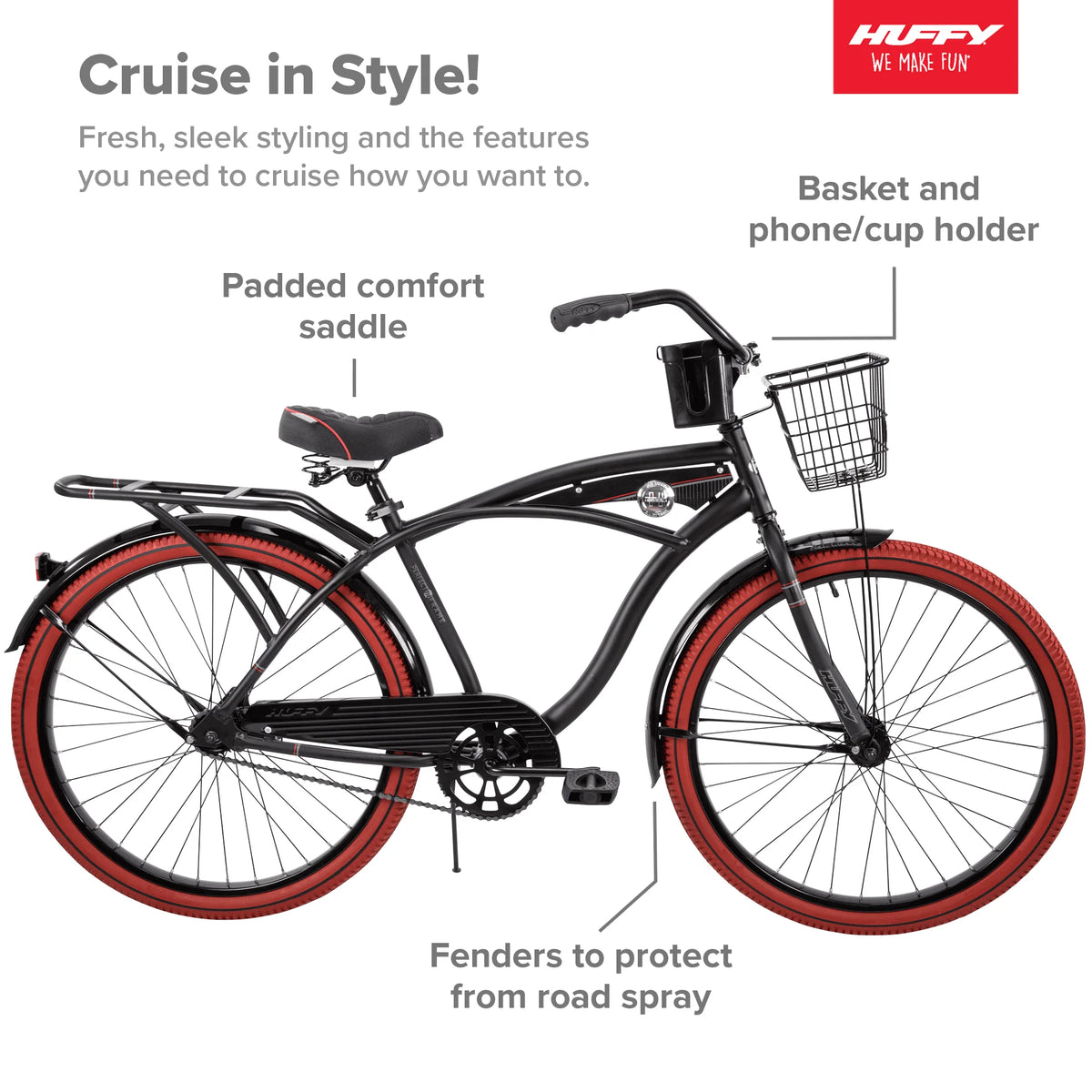 Huffy 26” Nel Lusso Men's Cruiser Bike, Matte Black