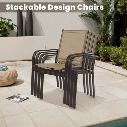 Seizeen 7-Piece Outdoor Table and Chairs, Patio Table Set with 6 Rattan Chairs, All-weather Outdoor Patio Dining Sets Rectangular Metal Table with Acacia Wood Top, Umbrella Hole, Gray
