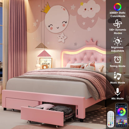 Homfa Full Size Bed, LED Upholstered Bed with Adjustable Crystal Button Tufted Crown Headboard, Soft PU Princess Platform Bed with Storage Drawers, Pink